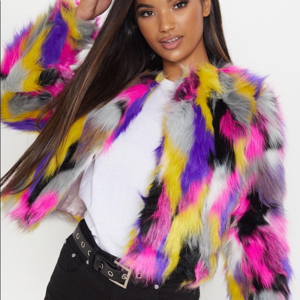 Pretty Little Thing faux fur multi colored jacket!
